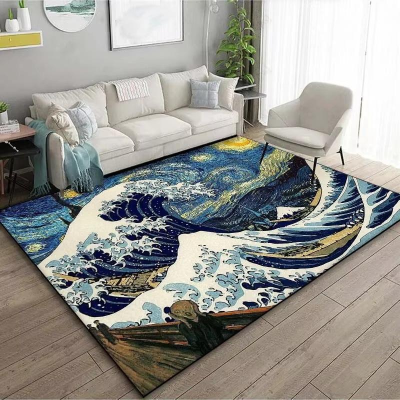Japanische Kunst Kanagawa Wellen Teppich für Wohnzimmer Heimdekoration Großer Teppich Schlafzimmer Boden Teppich Rutschfest Leicht Waschbar Exquisit