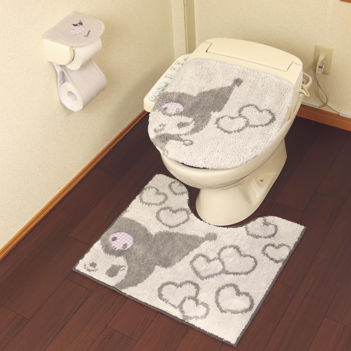 OKA Sanrio Characters Scrunchie Toilet Mat, Approx. 55cm x 60cm, 3-Piece Set, Includes Paper Holder Cover and Lid Cover, Gray (Kuromi) (Hello Kitty Cu
