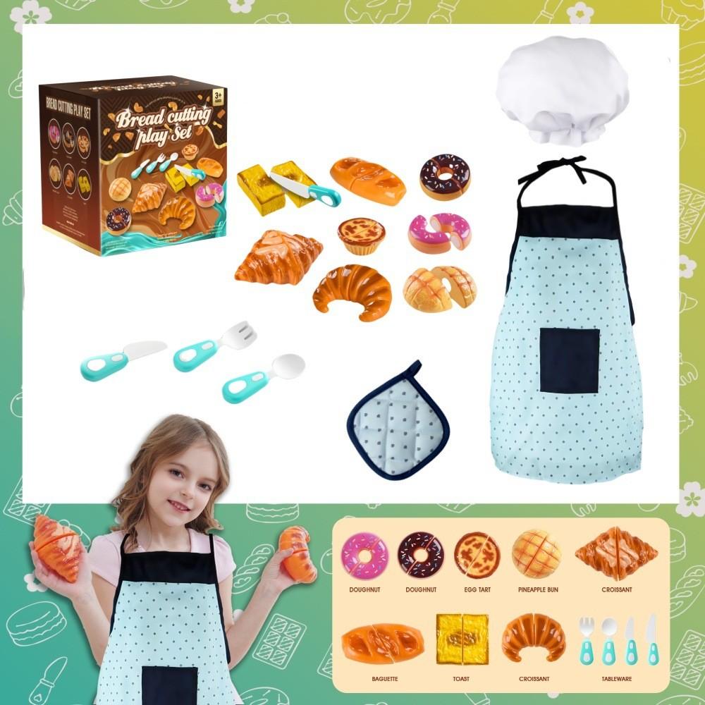 Kids Cooking Apron Set With Cutting Toys For Pretend Baking Activities Gift