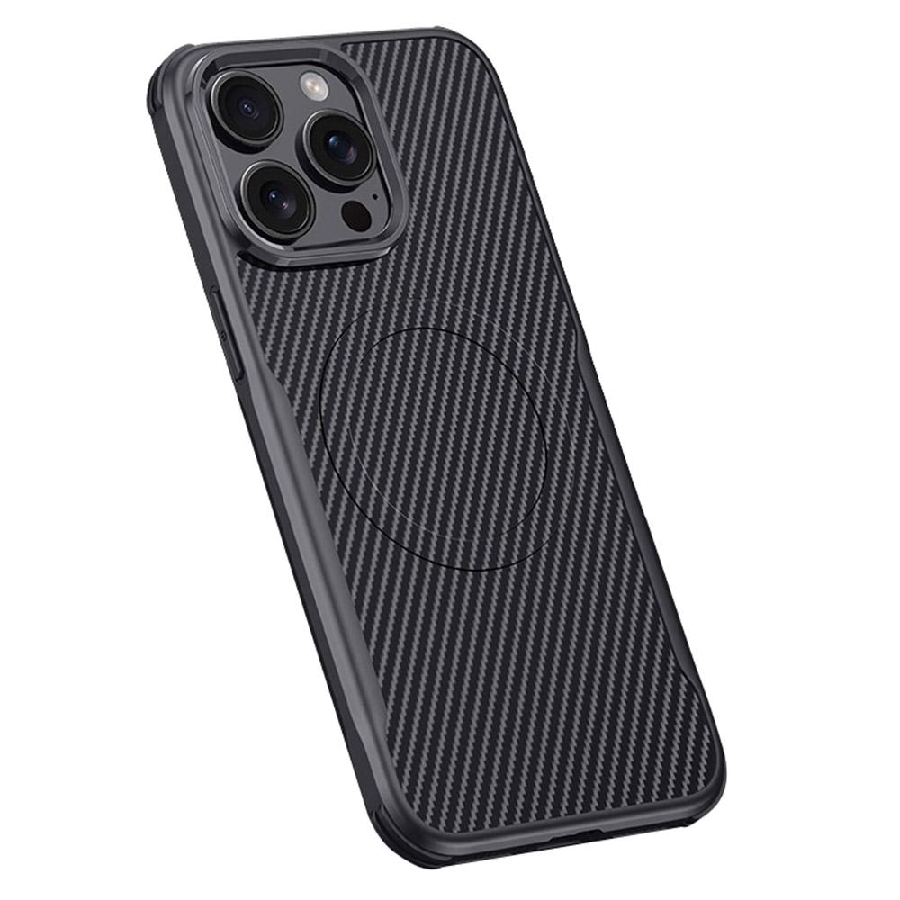For iPhone 15 Pro Max Case Compatible with MagSafe Carbon Fiber Texture Leather Coated PC+Silicone Protective Cover
