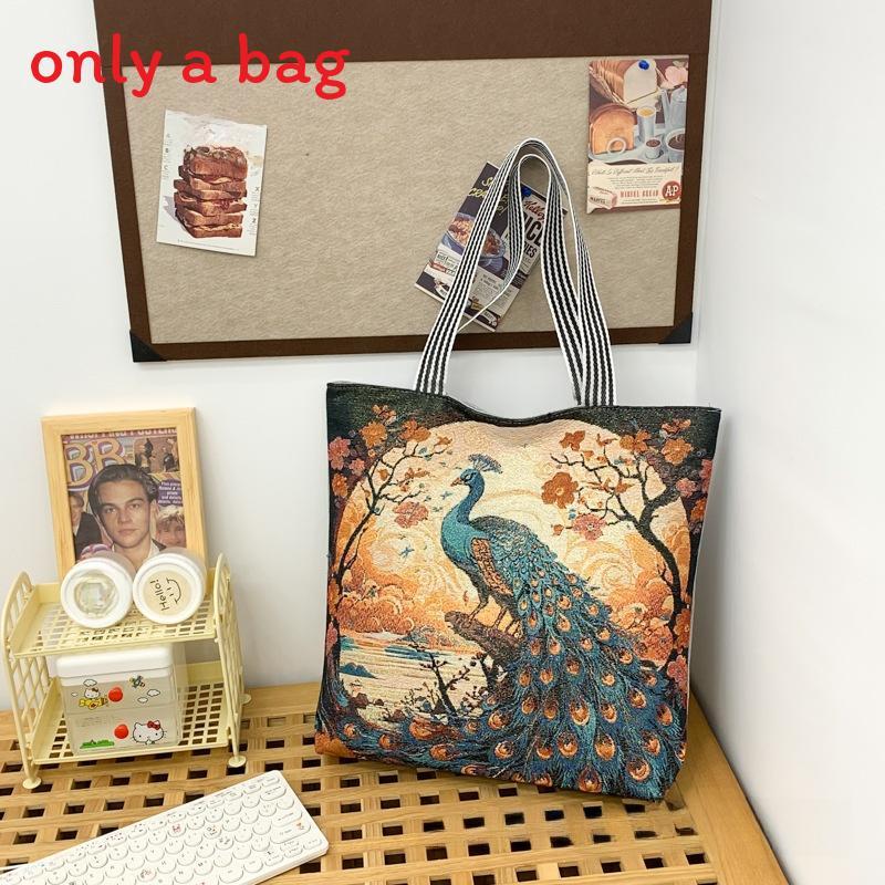 Peacock Canvas Tote Bag With Embroidery And Large Capacity For Daily Use
