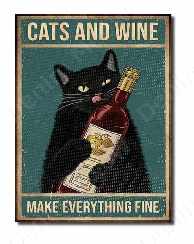 Cats and Wine Vintage Metal Sign Dog and Beer Wall Decoration for Bar Home Club Let Evening Be-Gin Tin Poster Funny Plate