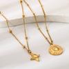 Vintage fashion plated 18K gold four-star sun round brand pendant necklace stainless steel waterproof sweater chain women