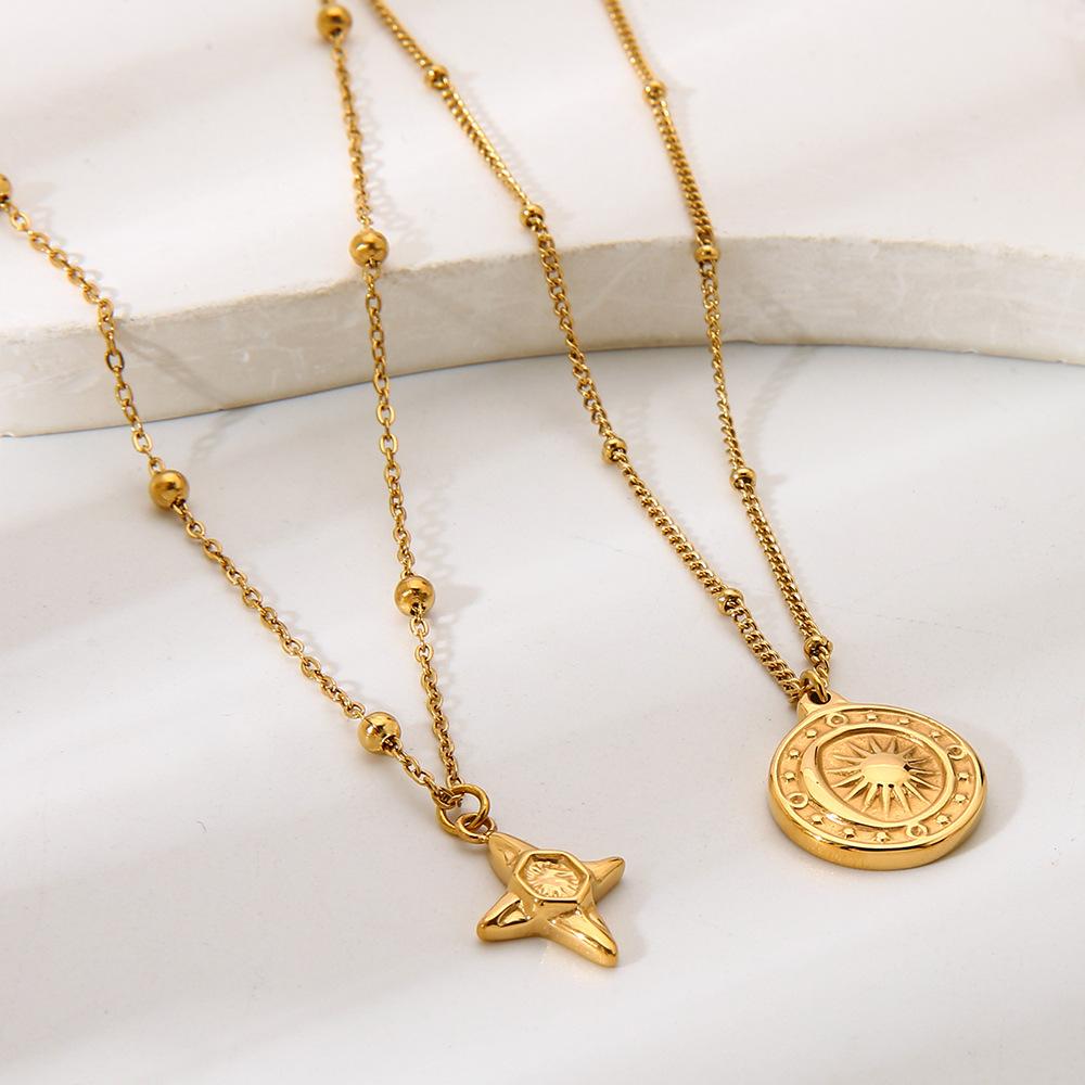 Vintage fashion plated 18K gold four-star sun round brand pendant necklace stainless steel waterproof sweater chain women