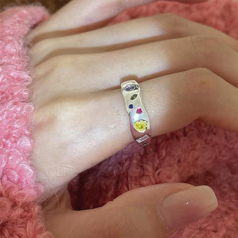 Ring Copper Fashionable For Women With Unique Geometric Design And Colorful Zircon Candy