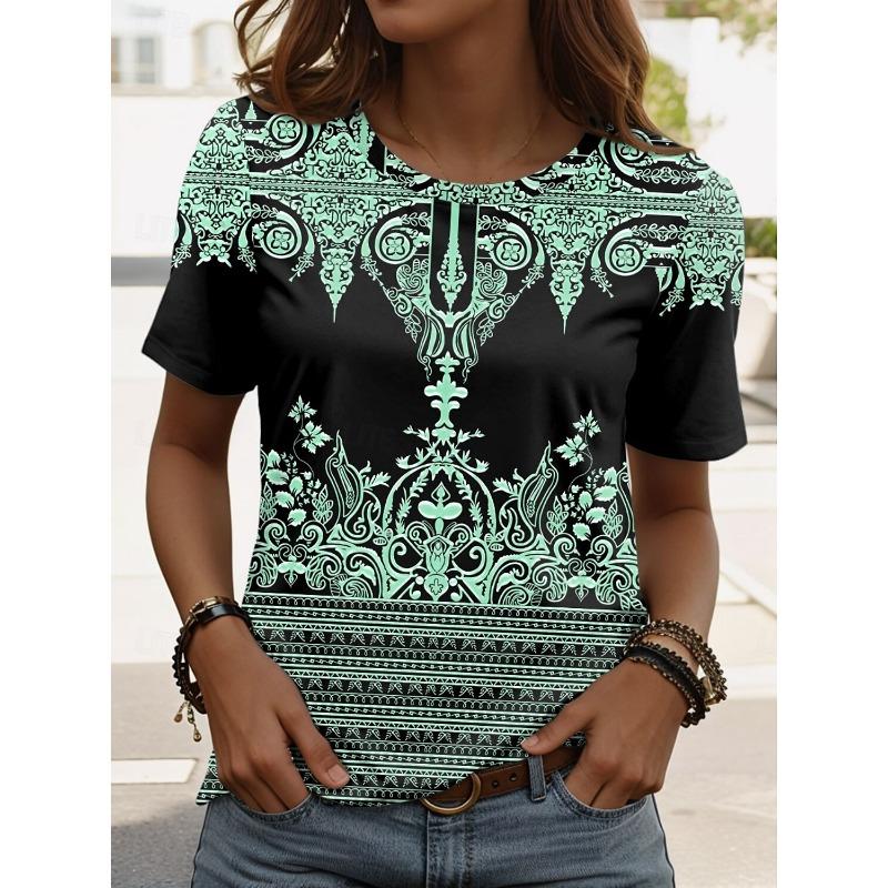 Summer Women's Floral Graphic Paisley T Shirt Fashion Stylish Classic Short Sleeve Crew Neck Tees Round Neck Regular Tops