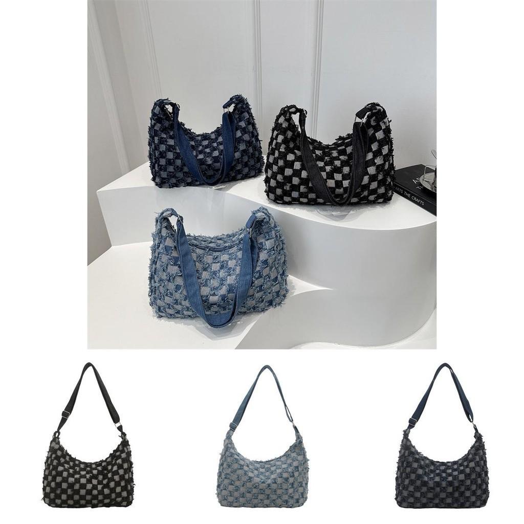 Trendige Karierte Denim-Umhängetasche Für Damen 2024 Modische Handtasche Mit Reißverschluss