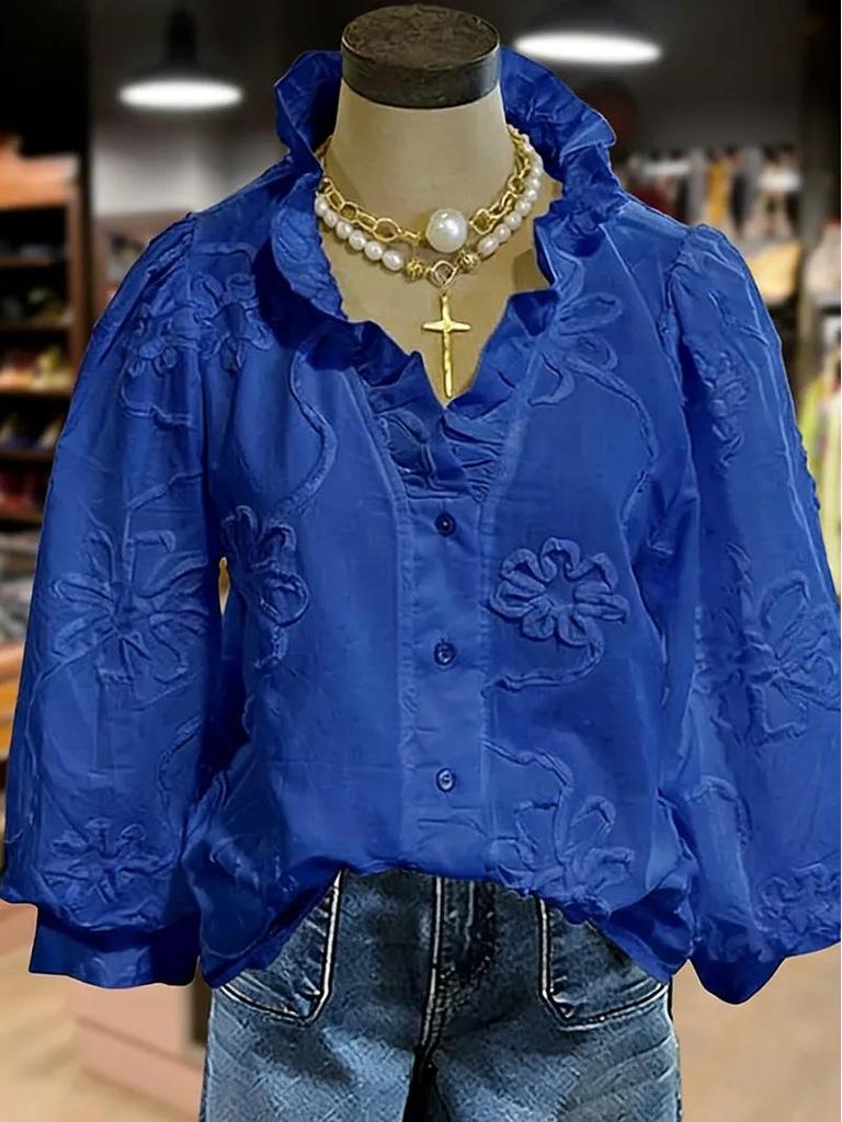 European-American V-Neck Ruffle Puff Sleeve Embroidered Women's Casual Holiday Top