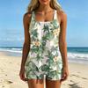 Shirred Skirted Swim Dress Swimsuit for Women with Boyshort Bottom Wide Straps and Floral Print Design