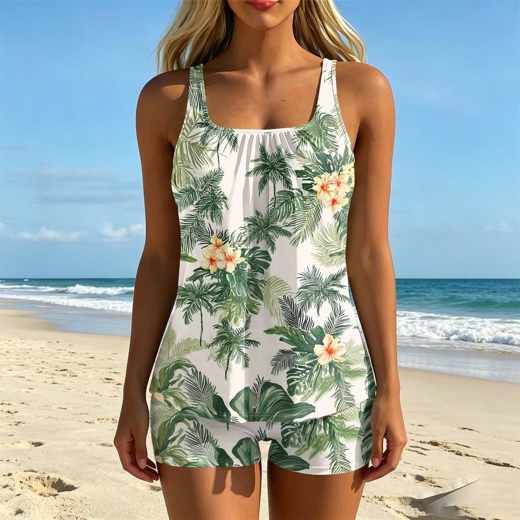 Shirred Skirted Swim Dress Swimsuit for Women with Boyshort Bottom Wide Straps and Floral Print Design