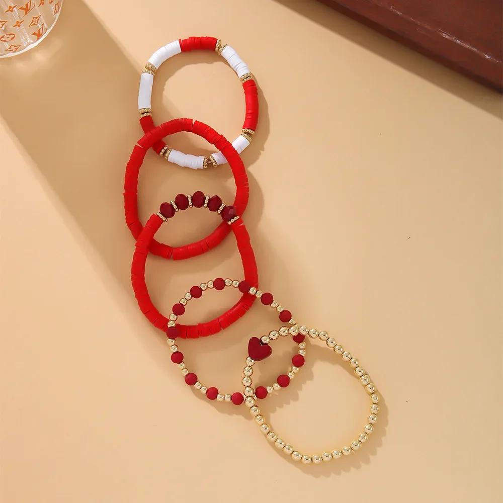 Five Piece Bohemian Bracelet Set Soft Ceramic Elastic Rope Handmade Love Gold Bead Jewelry Christmas Color Fashion Bracelet