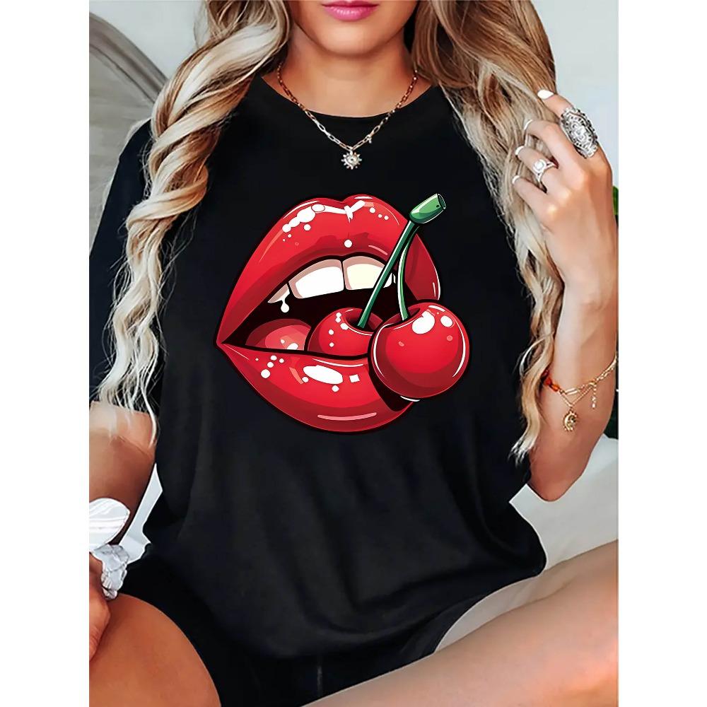 Women'S Casual Crew Neck T-Shirt with Cherry and Lip Graphic Harajuku Short Sleeve Casual Clothing Street Tops Clothes