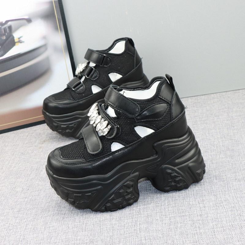 

Модные женские массивные кроссовки из микрофибры и сетки, на вулканизированной подошве, с блестками, дышащие, повседневные, на платформе и танкетке 34 чёрный