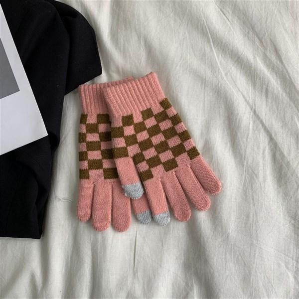 

Корейские шахматные вязаные перчатки для сенсорных экранов, женские осенне-зимние вязаные теплые студенческие перчатки с пятью пальцами one size розовый