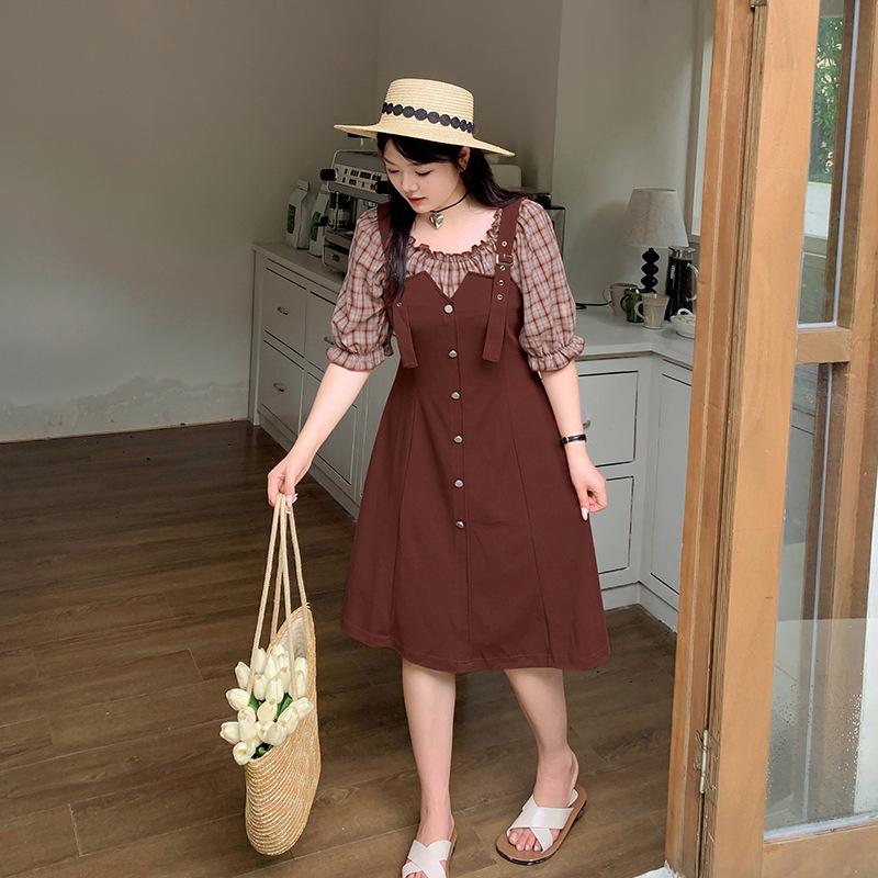 Double Heaven 2024 Summer Plus Size Retro Two-Piece Waist-Slimming Dress L239AB