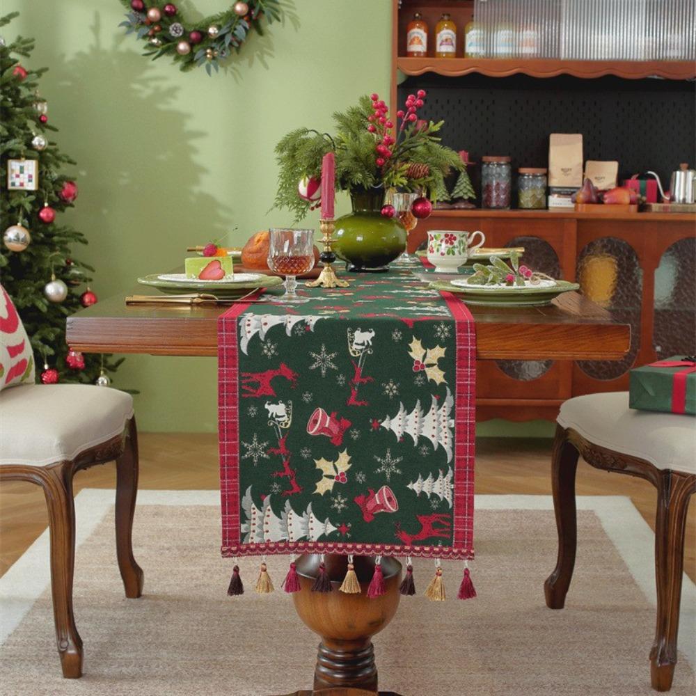 Christmas Snowman Jacquard Table Runner with Fringe Polyester Home Decor Tablecloth Bedspread