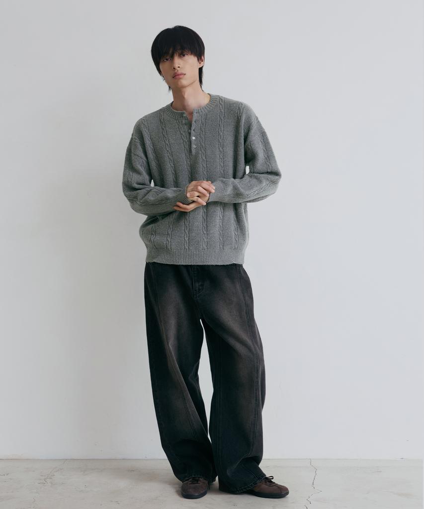 NODU Soft Henley Neck Round Long Sleeve Knit [Gray]