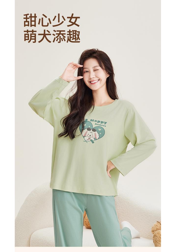 Fenteng Pure Cotton Set Autumn Classic Round Neck Cute Dog Light Fashion Long Sleeve Home Clothes Set Women's Pajamas