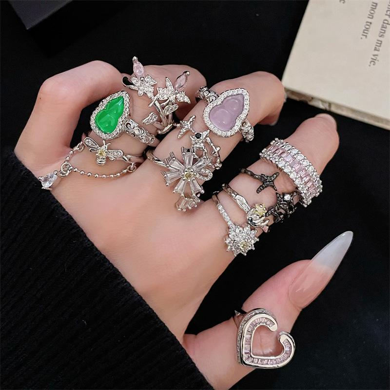 High-End Opening Adjustable Ring Imitation Chalcedony Heart-Shaped Niche Design Diamond-Set Light Luxury Personalized Fashion Ring Women