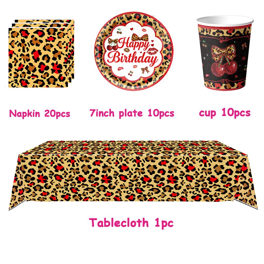 Pink Cherry Leopard Theme Birthday Party Decoration Plate Cup Balloon Banner Sexy Women Girls Shiny Photography Background Gifts