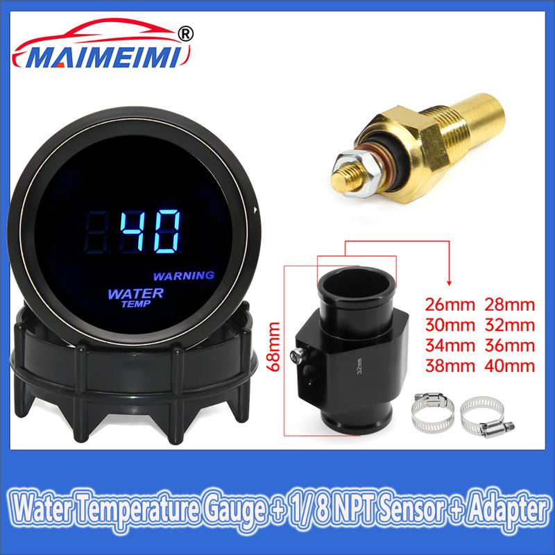 52mm Wassertemperaturanzeige Blaue LED-Beleuchtung mit 16mm-40mm Anschlussrohr-Adapter Schwarz/Blau mit Wassertemperatur 1/8NPT Sensor