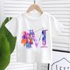 KPop Demon Hunters White T-shirt for Children A-Z Letters Tee Top Cartoon Round Collar Clothes Kids Short Sleeve Clothing Gift