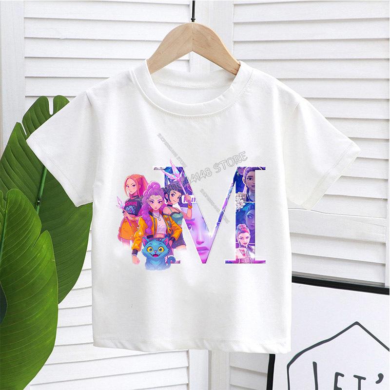 KPop Demon Hunters White T-shirt for Children A-Z Letters Tee Top Cartoon Round Collar Clothes Kids Short Sleeve Clothing Gift