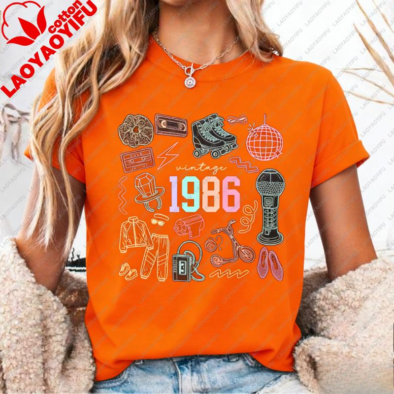 Vintage 1986 Shirt 40. Tee Geburtstag Kritzeln Geschenk 40 Jahre Alt Feier Bedrucktes T-Shirt Oberteile Ära Bday Party Freizeit Streetwear