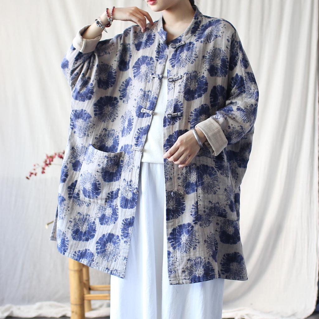 Johnature Women Vintage Bat Sleeve Print Floral Stand Coats Chinese Style Cloths Spring Loose Coats