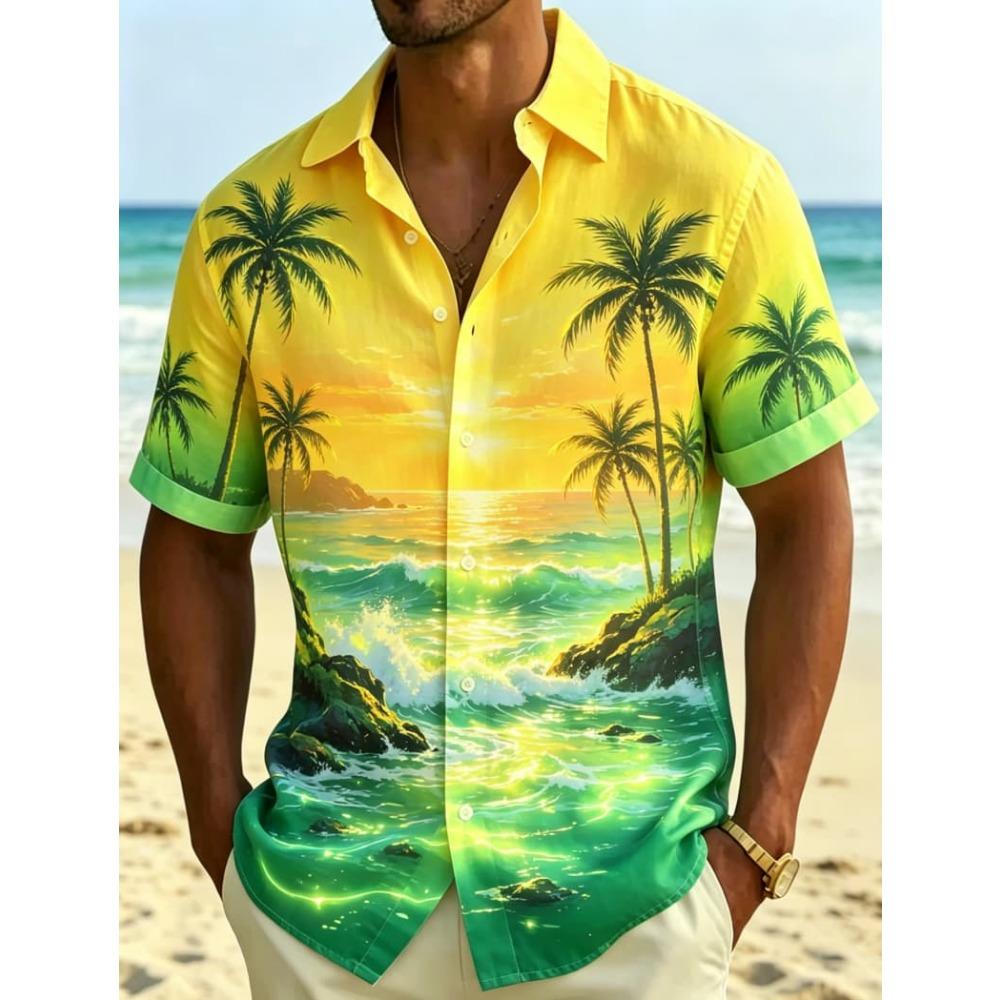 Herren Tropisches Neon-Landschafts-Print Kurzarmhemd, Natürlicher Und Ausgeprägter Stil, Für Sommerpartys Und Tägliche Styles