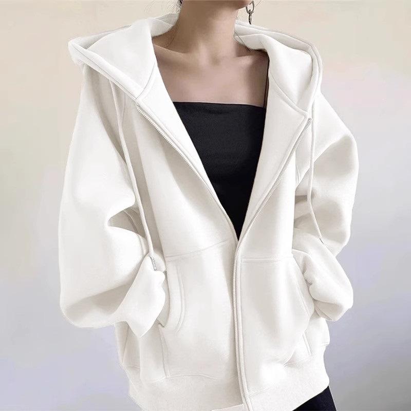 Fleece thickened sweater women, loose lazy wind hooded cardigan jacket in autumn and winter