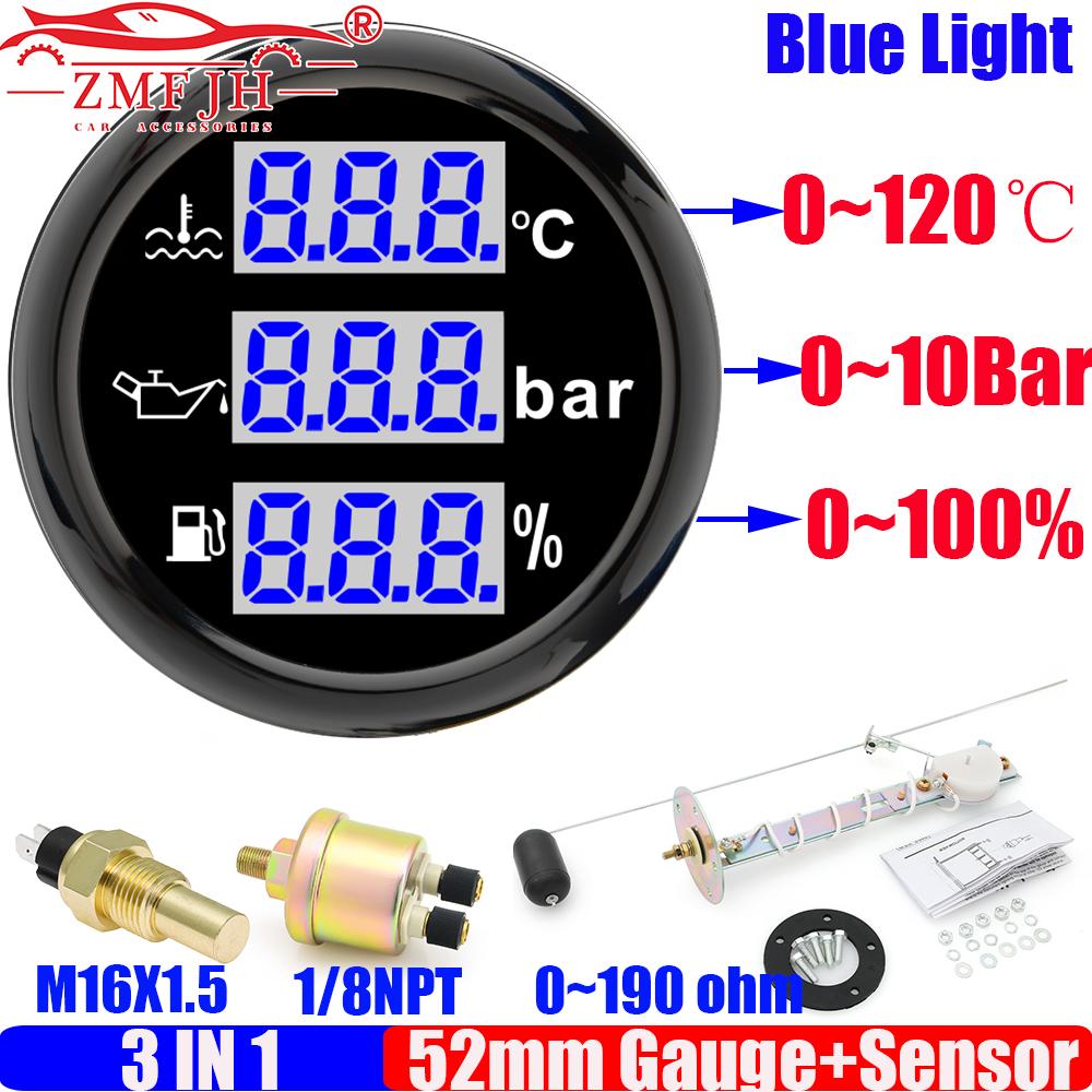 ZMFJH Blue LED Digital 3 IN 1 52MM Water Temperature Gauge+Oil Presssure+Fuel Gauge with Alarm Sensor Set for Car Boat 12V24V