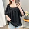 Trendy Summer Plus Size Chiffon Shirt Loose Bubble Sleeve Short Sleeve Top Hide Belly Flowy