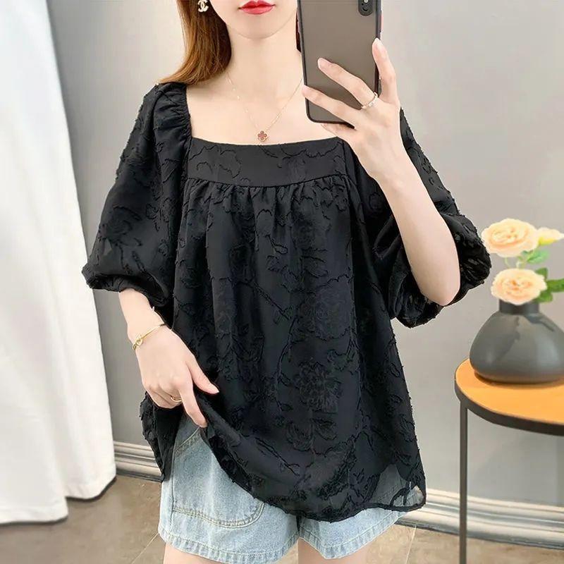 Trendy Summer Plus Size Chiffon Shirt Loose Bubble Sleeve Short Sleeve Top Hide Belly Flowy