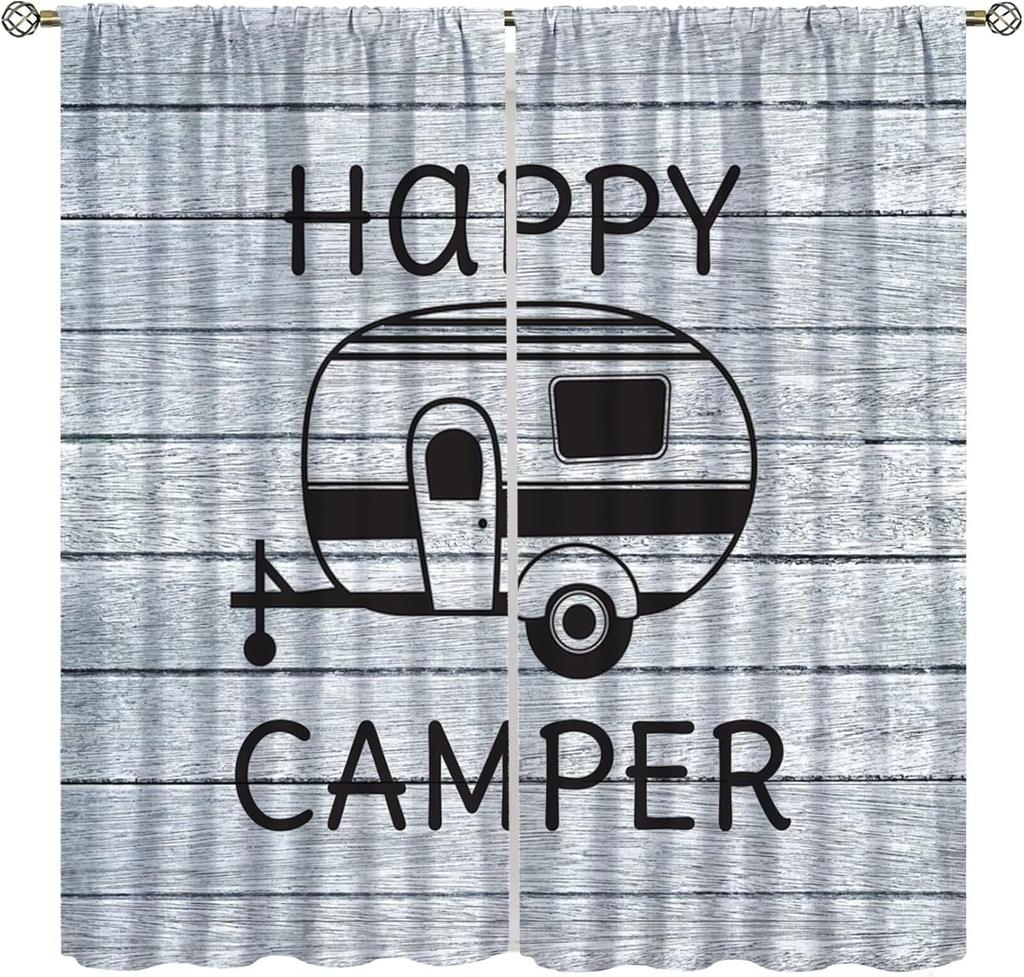 Retro Happy Camper Curta,Rustic Wood Plank Camping Travel Trailer Blackout Rod Pocket Window Curtain,For Boys Girls Living