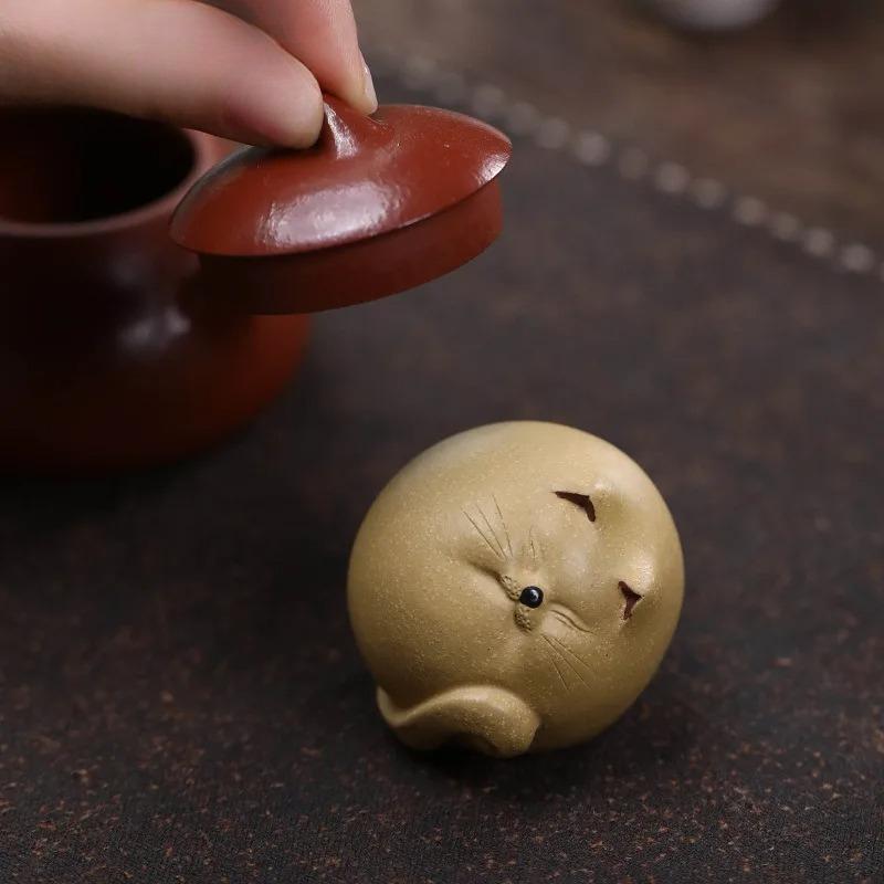 Yixing Purple Clay Cute Cat Lid Saucer Tea Pet Japanese Tea Sculpture Tea Figurine Play Toys Tea Statue Ornaments Craftsmanship