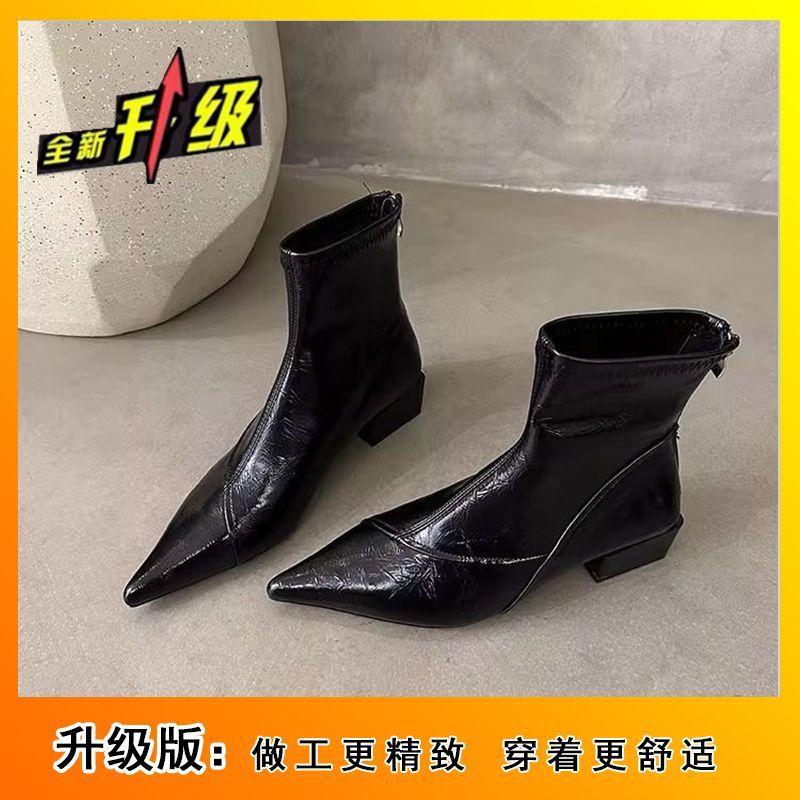 French retro high-end fashion short boots winter versatile temperament thin boots pointed thick heel short boots