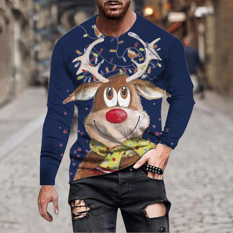 

Spring and Autumn Round Neck Santa Claus Deer Pattern 3D Printed Top Fashionable Casual Long Sleeved Men s T-shirts S