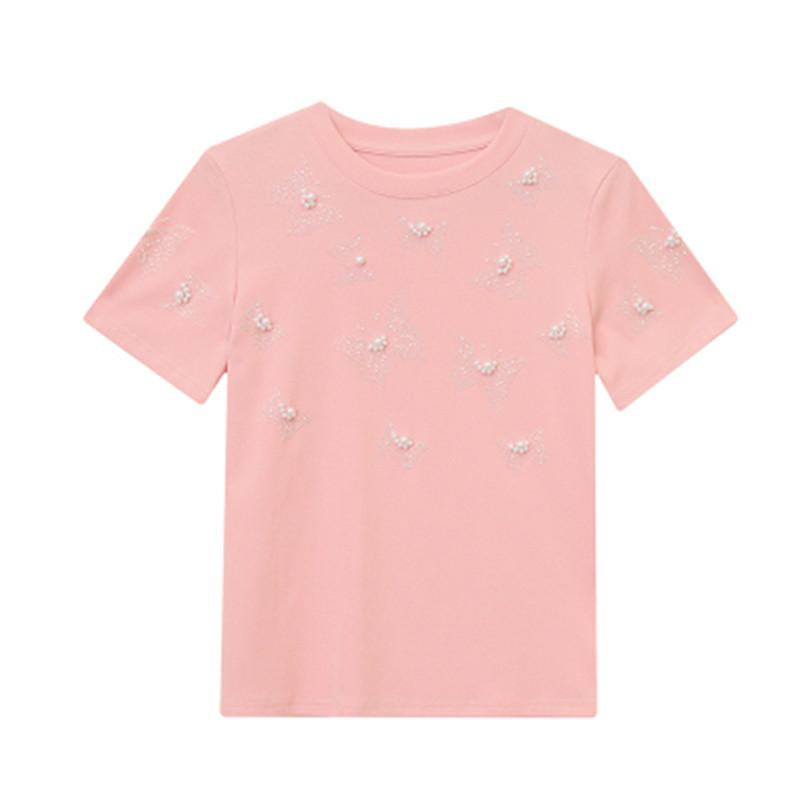 Summer New Fashion Women 100% Cotton Beading Butterfly Designer T-Shirts Short Sleeve Tees Casual Female Tops Shirts