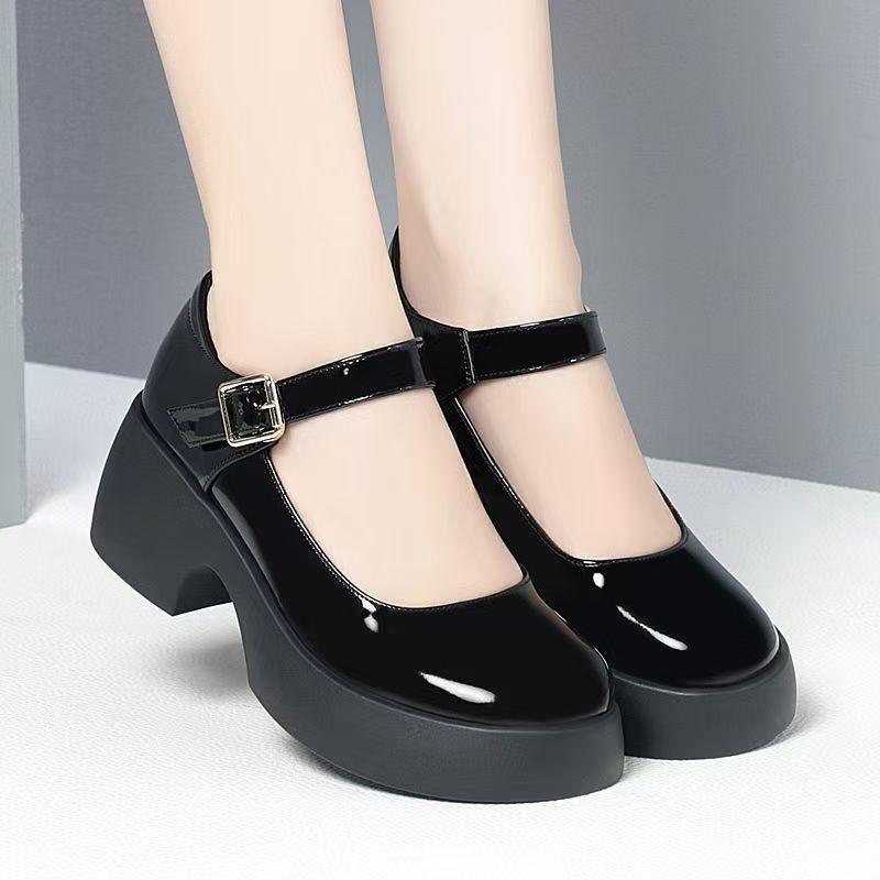 

Casual Soft Leather Low-cut Single Buckle Leather Shoes Round Toe Thick Sole Leather Shoes Retro Women s Shoes 35