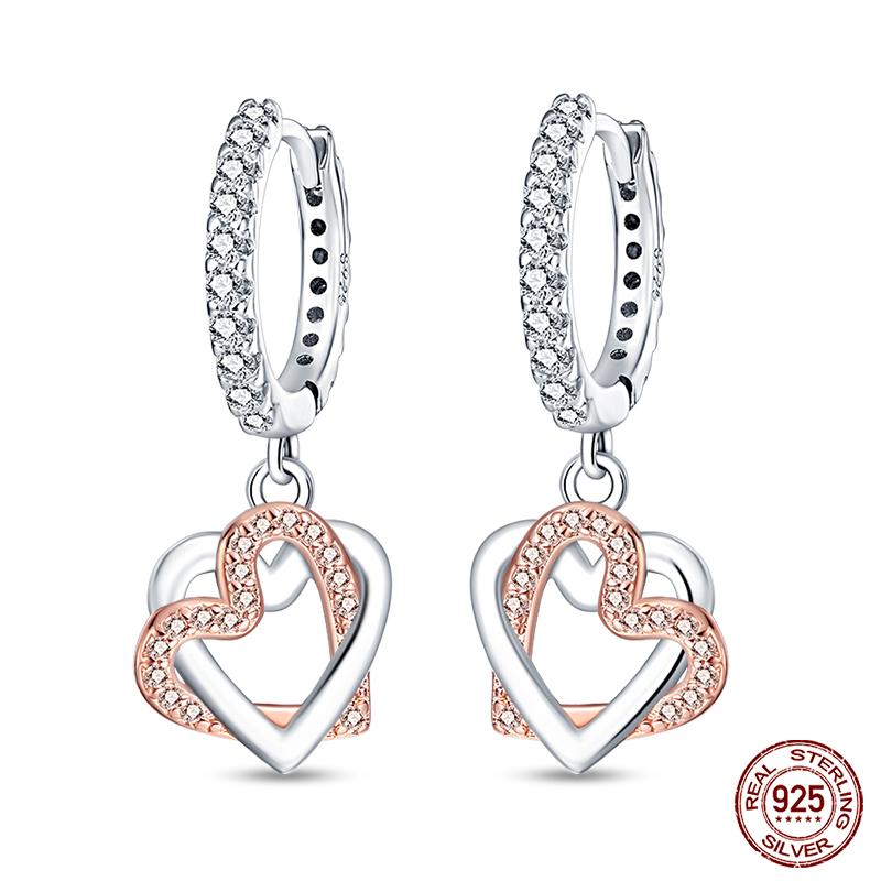 100% 925 Sterling Silver Rose Gold Heart Geometric Pave CZ Hoop Earrings For Women Wedding Engagement Birthday Jewelry Gift 2023