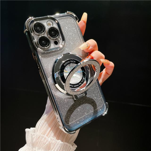For iPhone 15 Pro Max Luxury Magsafe Magnetic Flash Plating Stand Phone Case For iPhone 11 12 13 14 16Plus Lens Protective Cover