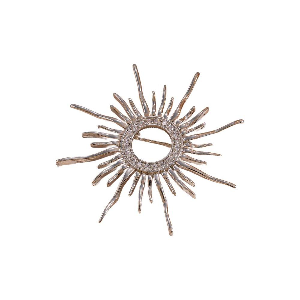 Vintage Zircon Sun Brooch Banquet Metal Glossy Brooch Long Hollow Sun Pin  Party