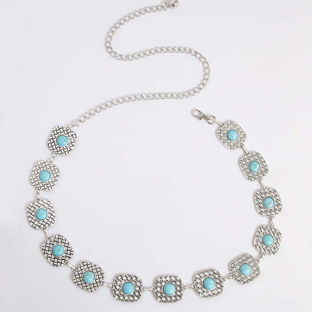 Ladies Turquoise Geometric Vintage Metal Waist Chain With Eye Design For Stylish Women