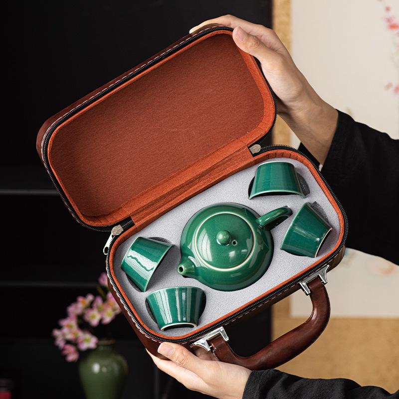 Portable Outdoor Travel Tea Set: Ge Kiln One Pot, Four Cups & Storage Bag - Perfect for Camping or Business Gifts
