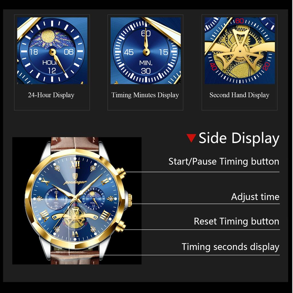 Luxury Men Wristwatch Quartz Waterproof Luminous Moon Phase Chronograph Leather Man Watch Male Reloj