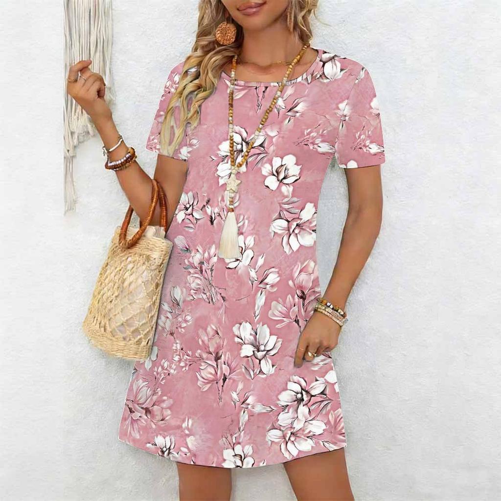 Moda Donna Graziosi Bellissimi Abiti Casual Estivi Primaverili a Manica Corta con Scollo a O e Stampa Floreale