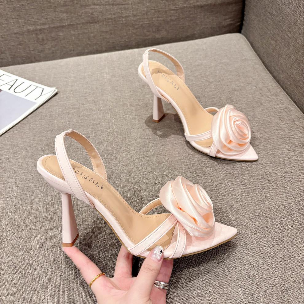Size 35-41 Sexy Slingback Sandals Women Back Strap High Heels Shoes Summer Fashion Silk Flower Pointed Toe Wedding Prom Shoes