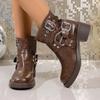 Studded Metal Buckle Platform Non-Slip Single Boots Women's Fashion Round Toe Sleeve Block Heel Booties