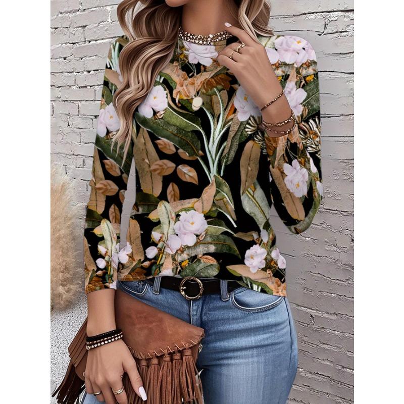 2026 New Women's Fashionable Long-Sleeved T-Shirt with Retro Floral Pattern, Perfect for Everyday Wear and Stylish Outfits
